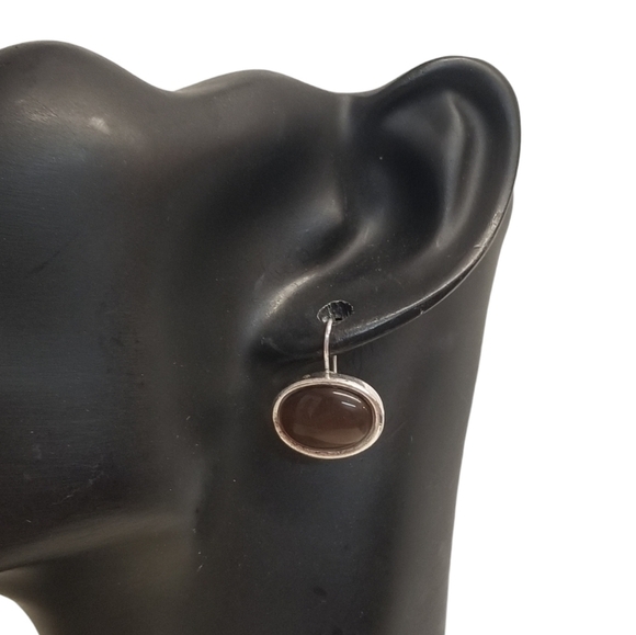 VINTAGE STERLING SILVER & TIGERS EYE CABACHON HOOK DROP STYLE EARRINGS - Picture 1 of 5